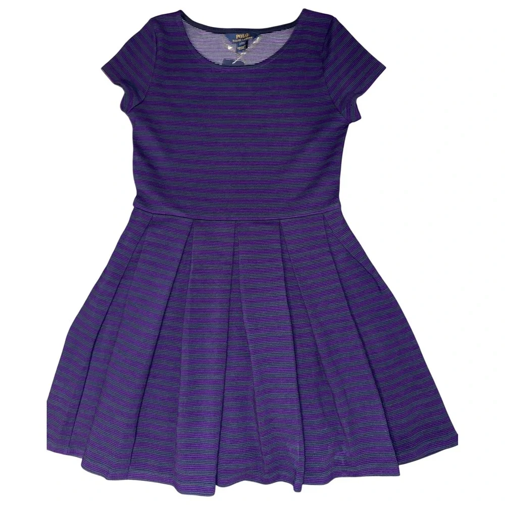Polo Ralph Lauren Girls Purple Striped Short Sleeve Pleated Dress Sz L 12 14 NEW